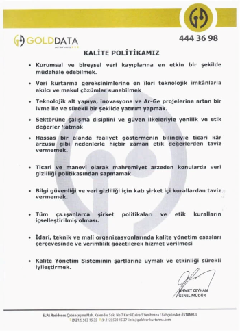 Gold Data Veri Kurtarma Kurumsal Kalite Politikası Belgesi