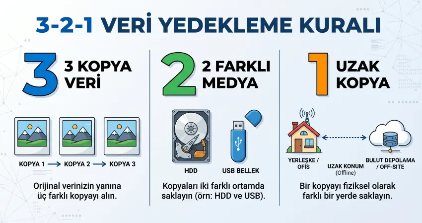 3-2-1 yedekleme kuralı: 3 kopya 2 farklı medya 1 uzak konum