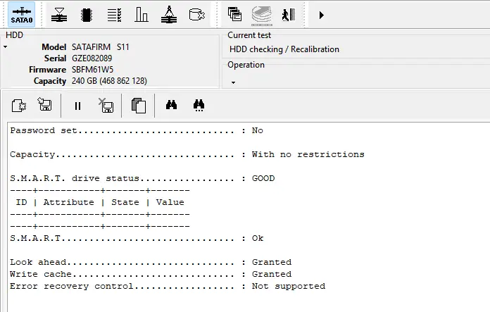 PC-3000 SSD modülünde GOODRAM CL100 disk analizi, SATAFIRM S11 firmware safe-mode logosu görünüyor, fiziksel arıza yok