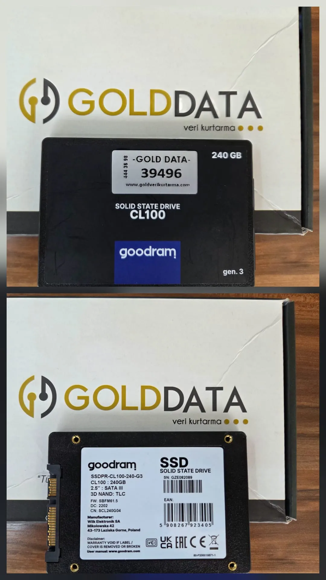 GOLD DATA laboratuvarına teslim edilen GOODRAM CL100 SSDPR-CL100-240-G3 SSD, SATAFIRM S11 hatası vakası, talep no 39496, arkalı ve önlü görünüm
