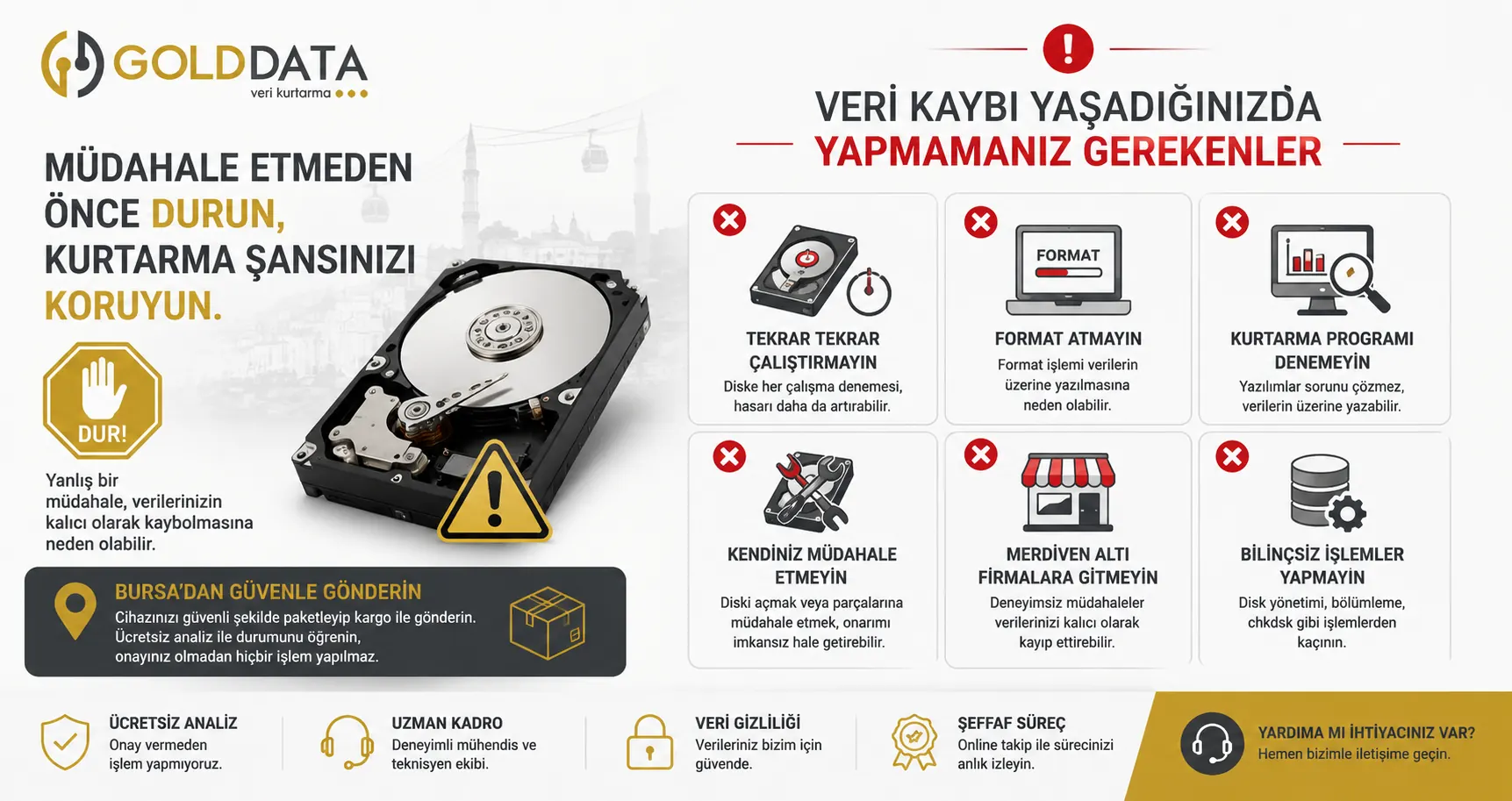 Veri Kaybında Yanlış Müdahale Uyarısı Veri kaybı yaşanan diske yapılmaması gereken yanlış müdahaleler, format ve kurtarma programı uyarısı