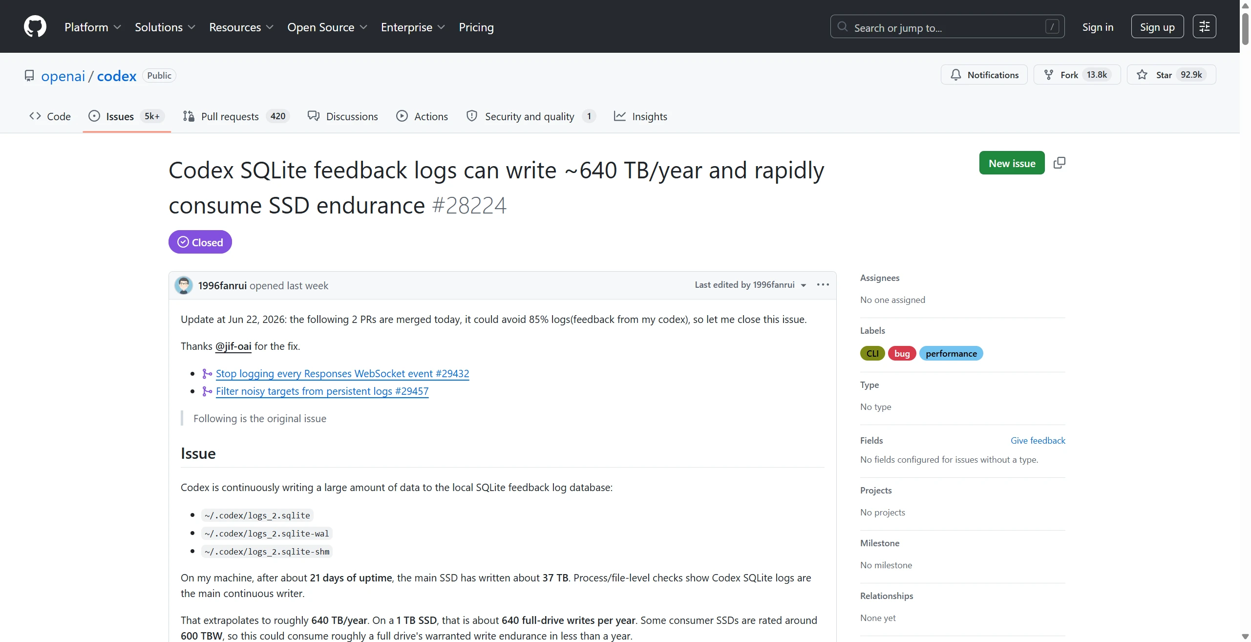 OpenAI Codex CLI GitHub issue 28224 ekran görüntüsü, SSD'ye yılda 640 TB yazma hatası bug etiketi