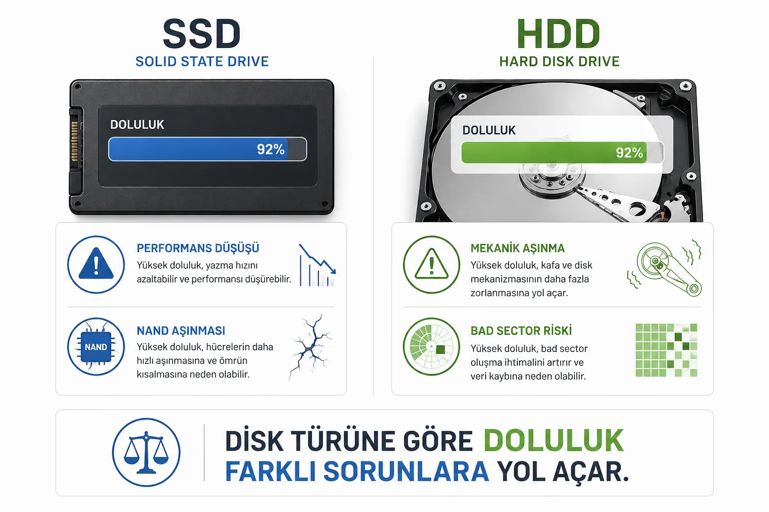 SSD ve HDD Disk Türlerinde Doluluk Oranının Yıpranma Etkisi