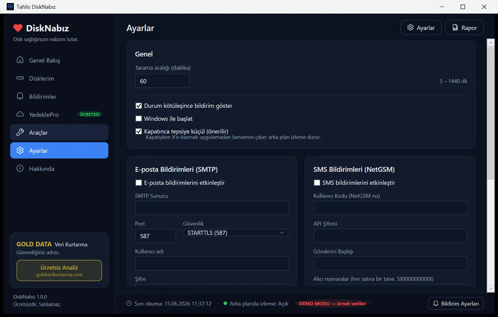 DiskNabız uyarı ayarları ekranı, SMTP e-posta ve NetGSM SMS yapılandırması