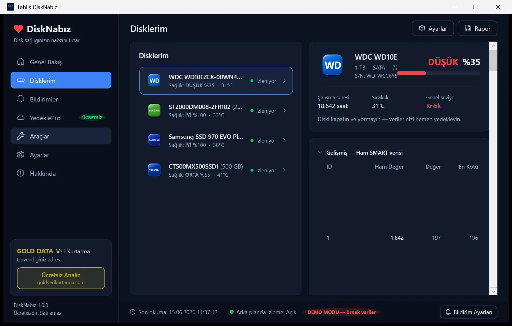 DiskNabız disklerim ekranı, takılı tüm diskler ve SMART parametreleri Türkçe açıklamalarla