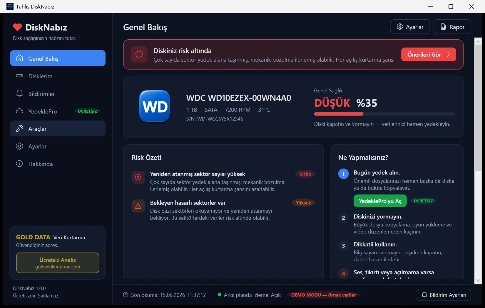DiskNabız genel bakış ekranı, sağlık skoru ve 4 kademeli risk göstergesi