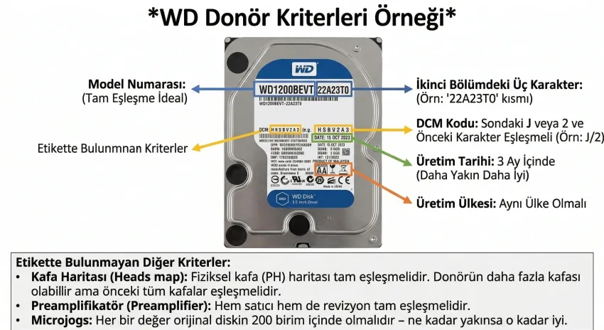 Hard disk donör seçiminde model, kafa, preamp ve ROM uyum kriterleri
