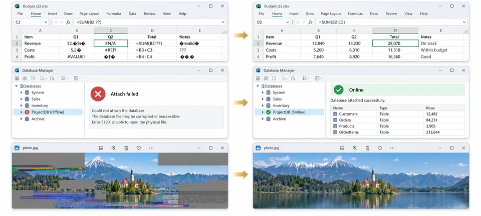 Bozuk Excel tablosu, açılamayan SQL veri tabanı ve hasarlı fotoğrafın onarım öncesi ve sonrası