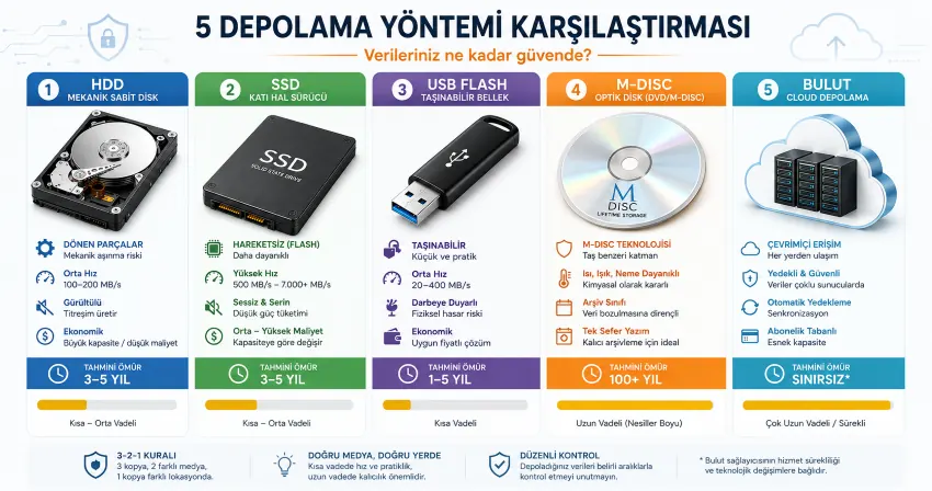 HDD SSD USB DVD M-DISC bulut karşılaştırma ömür beklentisi