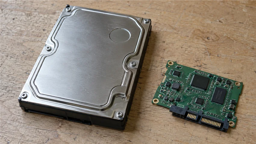 Harddisk ve Elektronik Kartı Masada kapağı açılmamış bir hard disk ve yanında diskten sökülmüş elektronik kartı