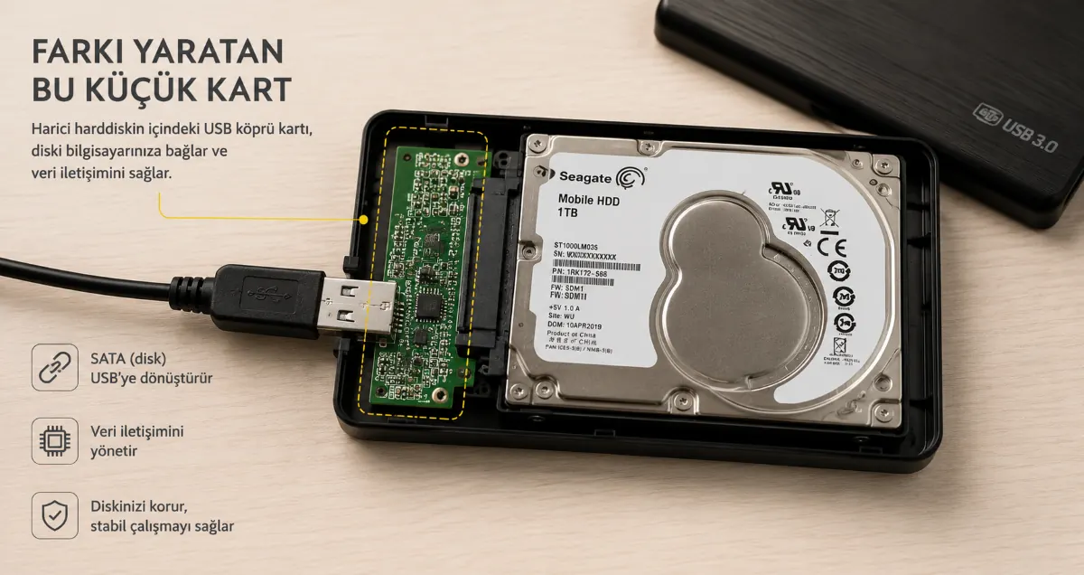 Harici Harddisk Kılıfının İçindeki Disk ve USB Köprü Kartı