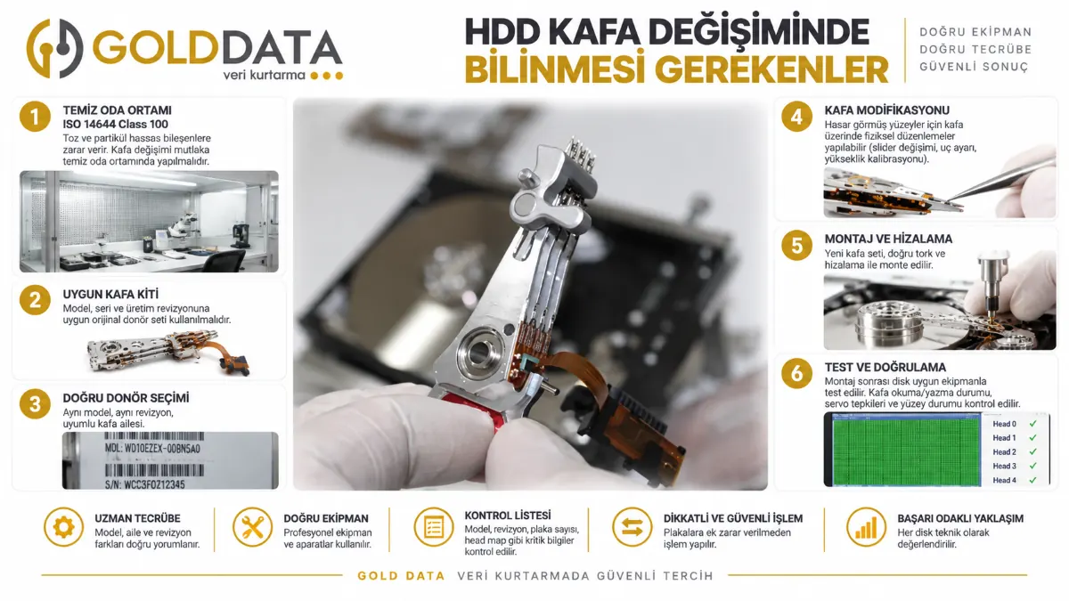 HDD kafa değişimi aşamaları: temiz oda ortamı, uygun endüstriyel kit, doğru donör seçimi, kafa haritalama ve seçici okuma, montaj ve hizalama