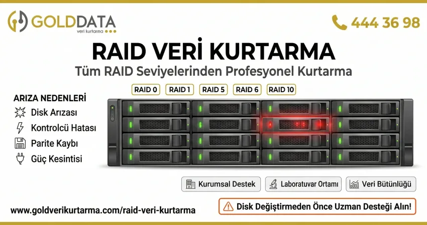 Tüm RAID Türlerinden Veri Kurtarma GOLD DATA laboratuvarında RAID veri kurtarma için hazırlanmış çok diskli sunucu dizisi