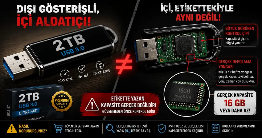 Sahte kapasiteli flash bellek tuzağı Sahte kapasiteli flash bellek: etikette yazan yüksek kapasite ile içindeki küçük hafıza yongası arasındaki fark