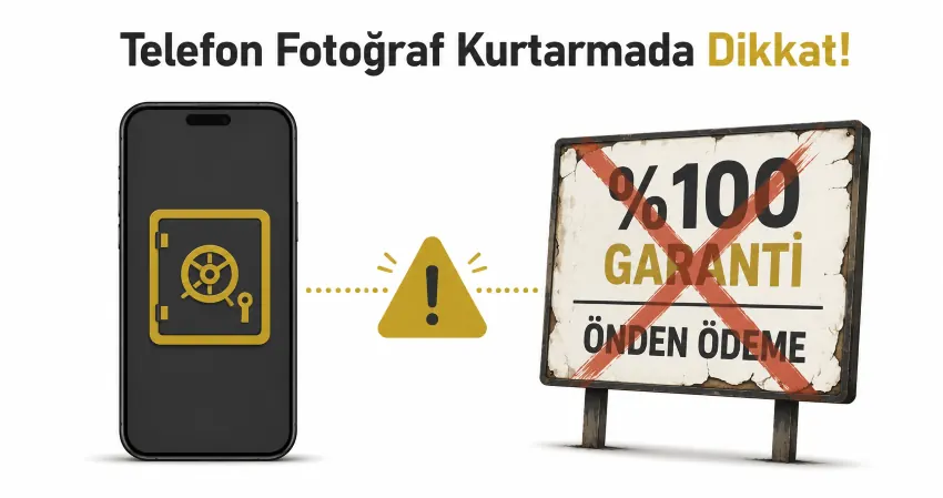 Telefondan fotoğraf kurtarma APK ve önden ödeme tuzakları uyarı görseli