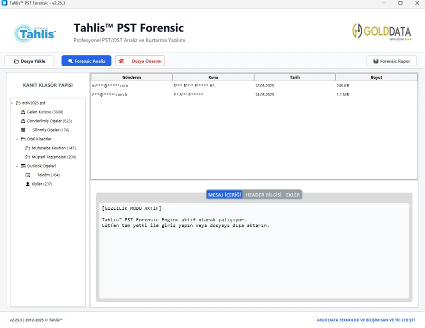 Tahlis™ PST Forensic - Profesyonel PST/OST Analiz ve Kurtarma Yazılımı Tahlis PST Forensic Ekran Görüntüsü - Kanıt Klasör Yapısı ve Gizlilik Modu