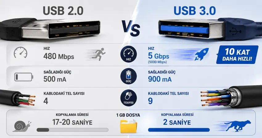 USB 2.0 ile USB 3.0 karşılaştırması USB 2.0 ve USB 3.0 hız, güç ve kablo yapısı karşılaştırma infografiği