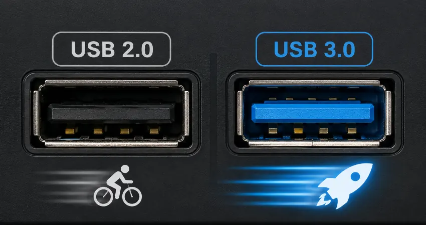 USB 2.0 ile USB 3.0 giriş farkı USB 2.0 ve USB 3.0 girişlerinin yan yana karşılaştırması, mavi iç plastikli USB 3.0 portu