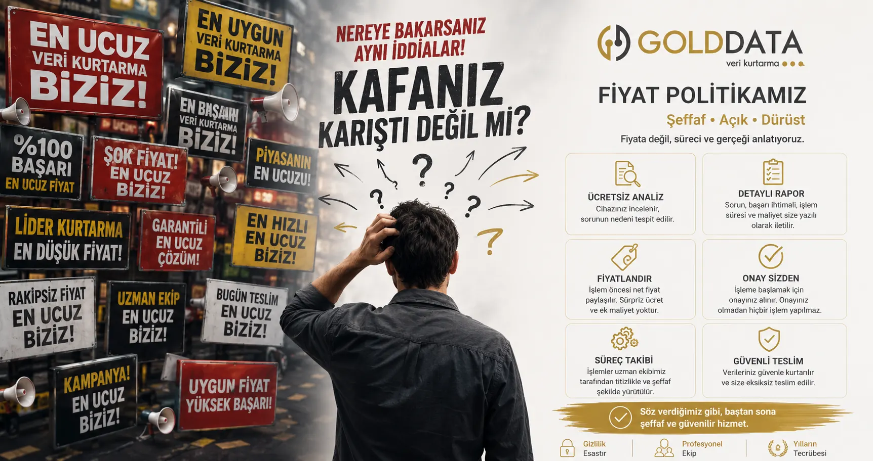 Veri kurtarma sektöründeki en ucuz ve en uygun fiyat iddiaları karşısında GOLD DATA fiyat politikası: ücretsiz analiz, detaylı rapor, net fiyatlandırma, müşteri onayı, süreç takibi ve güvenli teslim