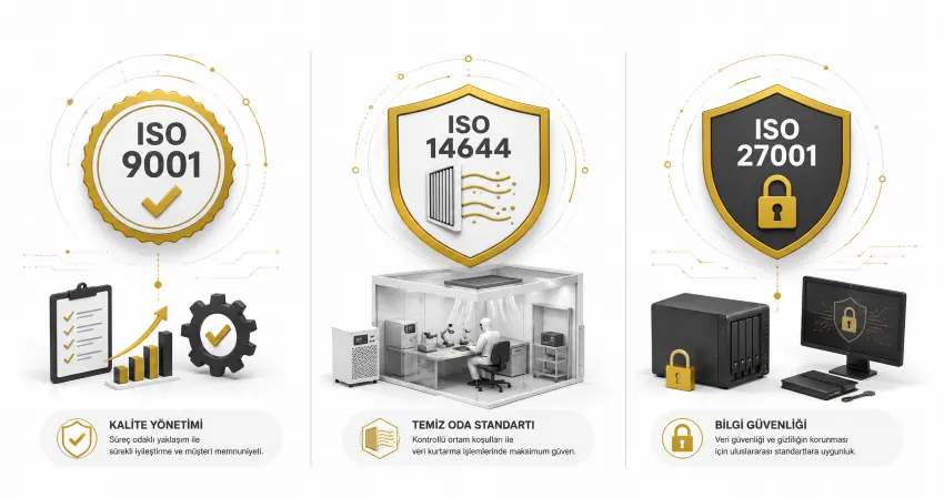 GOLD DATA Veri Kurtarma Merkezi ISO Standartları ISO 9001, ISO 14644, ISO 27001 veri kurtarma kalite standartları