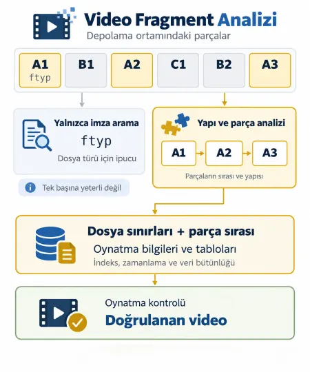 Video Fragment Analizi Depolama ortamındaki A1, A2 ve A3 video parçalarının yapı analiziyle doğru sırada eşleştirilerek oynatılabilir videoya dönüştürülmesi