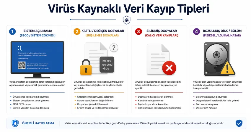 Virüsün bilgisayarda yarattığı veri kayıp tipleri infografik