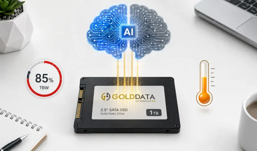 Yapay zeka araçlarının SSD disk ömrünü sessizce tüketmesini gösteren infografik, TBW göstergesi ve veri akışı