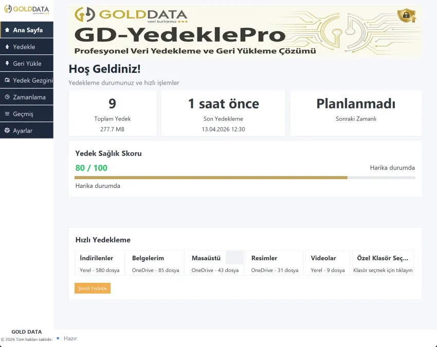 GD-YedeklePro Ücretsiz Yedekleme Programı Ana Ekran