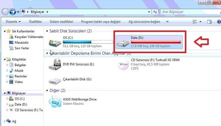 yetersiz disk alanı uyarısı